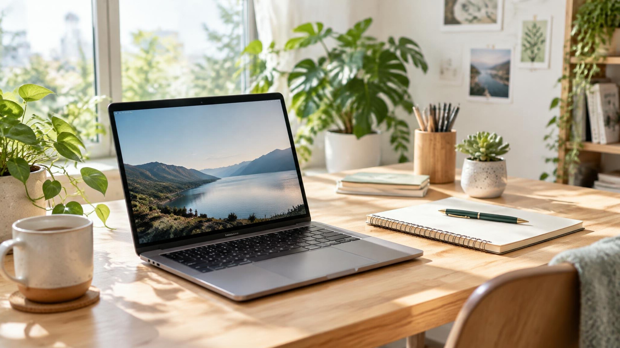 Open laptop in a bright creative workspace