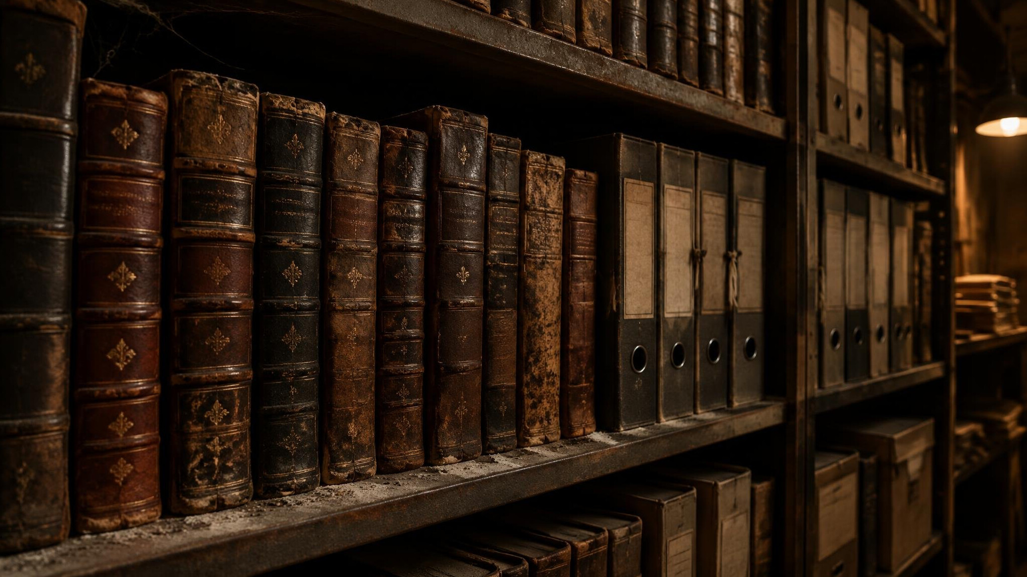 Rows of old leather-bound books on a shelf