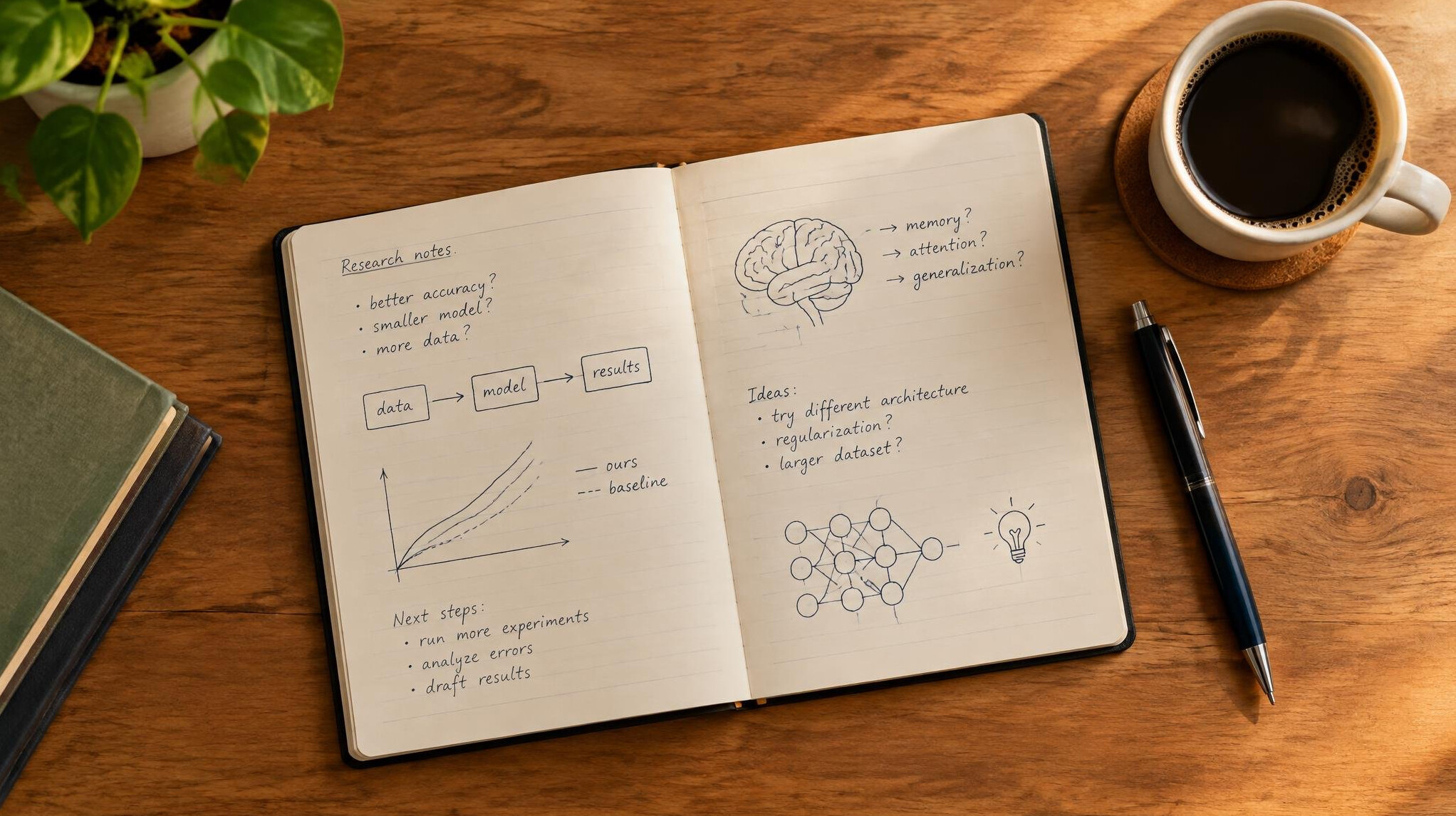 Notebook with handwriting and a pen beside a coffee cup