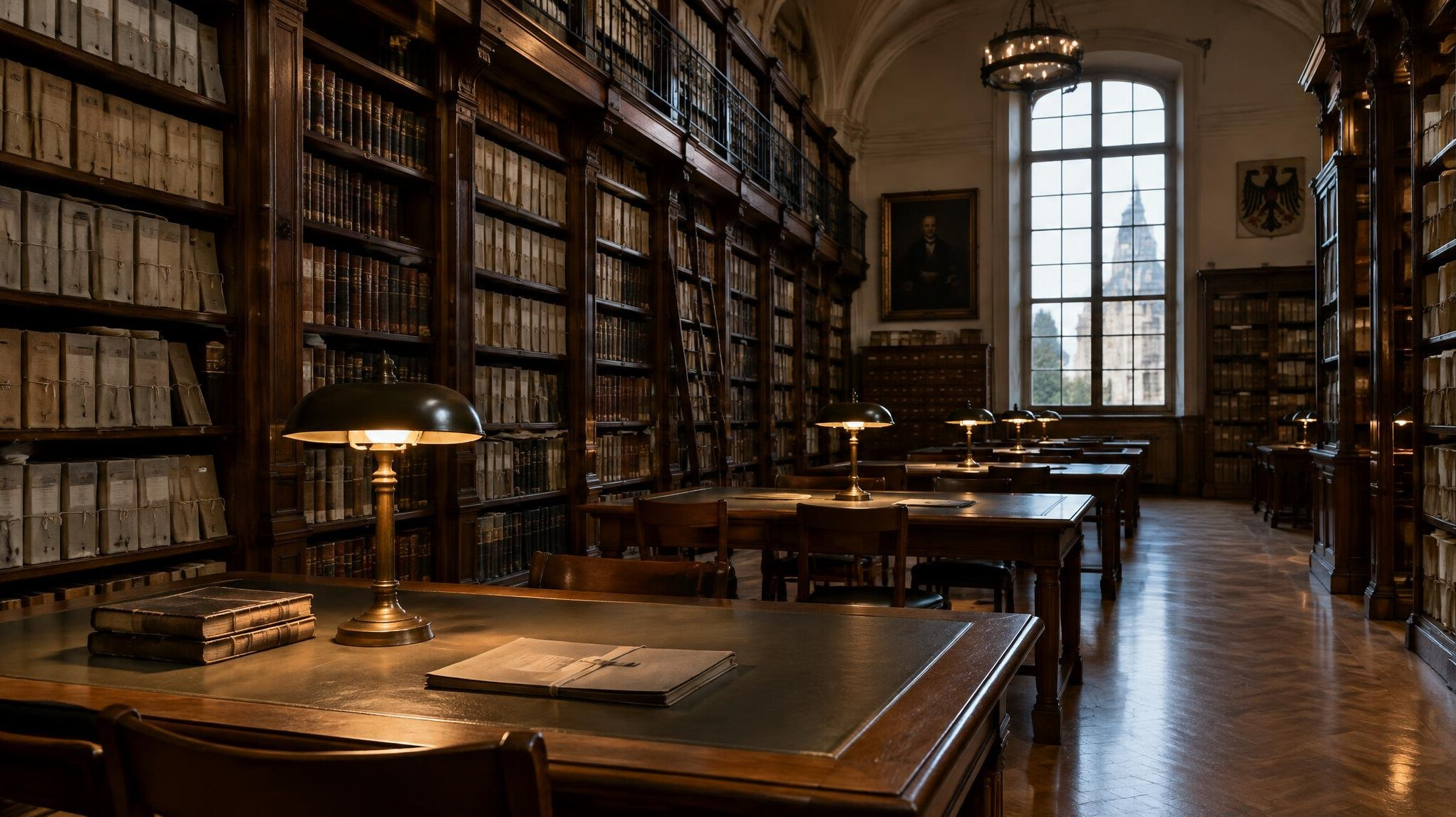 Old library with tall wooden shelves full of archive books